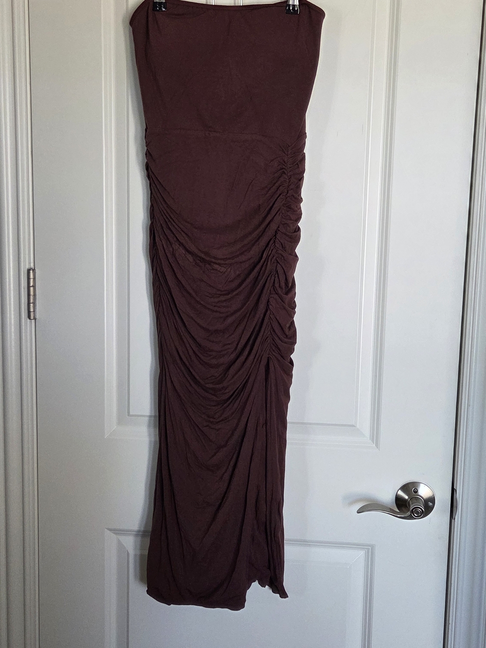 Klassy Network Strapless Ruched Maxi Dress in Brown